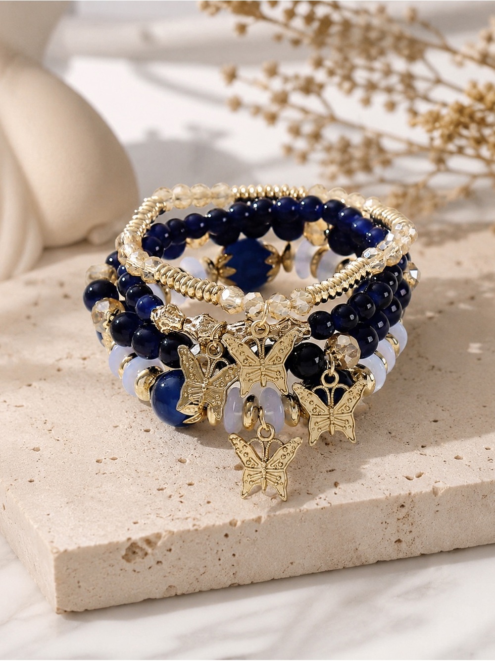 Gold & Navy Butterfly Charm Beaded Bracelet Set - Women Jewelry
